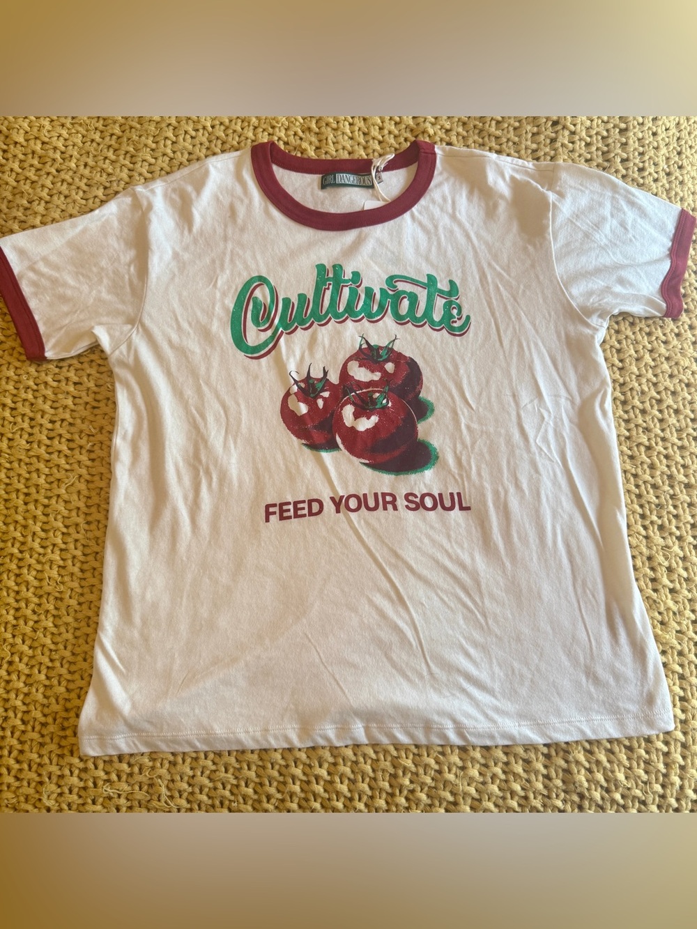 NWT 'Feed Your Soul' White Ringer Tee Girl Dangerous medium 100% cotton